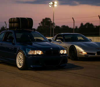 BMW E46 and C5 Corvette lined up in the paddock, tires mounted, ready for drifting under trackside lights