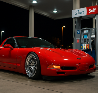 Slammed red C5 Corvette parked at a gas station pump at night, reflecting neon lights on the wet pavement with an aggressive stance and lowered coilover suspension.