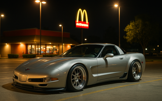 Widebody slammed C5 Corvette parked under bright McDonald’s parking lot lights at night, showcasing low stance and polished wheels.