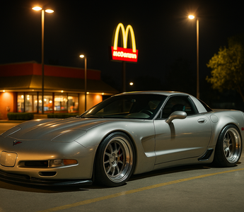 Widebody slammed C5 Corvette parked under bright McDonald’s parking lot lights at night, showcasing low stance and polished wheels.