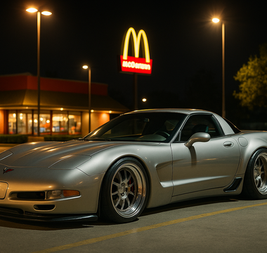 Widebody slammed C5 Corvette parked under bright McDonald’s parking lot lights at night, showcasing low stance and polished wheels.
