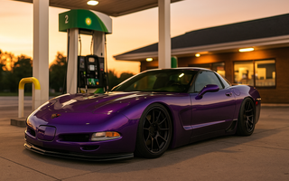 A slammed C5 corvette coilovers at lowest setting at a gas station