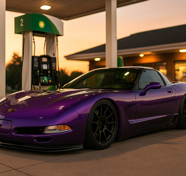 A slammed C5 corvette coilovers at lowest setting at a gas station