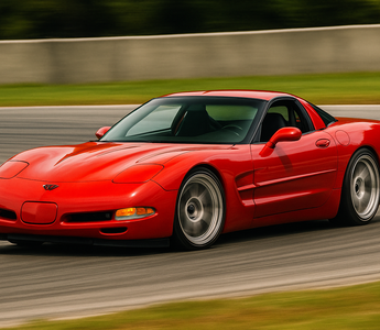 A C5 Corvette on coilovers and custom angle kit driving on a race track, showcasing aggressive stance and handling