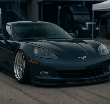 Slammed Chevrolet C6 Corvette on adjustable coilovers at a motorsport paddock with aggressive stance and camber plates visible.