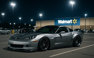 Slammed C6 Z06 Corvette with coilovers parked low in a Walmart parking lot at night, illuminated by bright parking lot lights with long shadows and a clean stance-focused look.