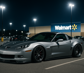 Slammed C6 Z06 Corvette with coilovers parked low in a Walmart parking lot at night, illuminated by bright parking lot lights with long shadows and a clean stance-focused look.