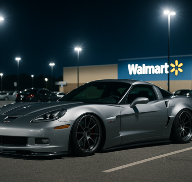 Slammed C6 Z06 Corvette with coilovers parked low in a Walmart parking lot at night, illuminated by bright parking lot lights with long shadows and a clean stance-focused look.