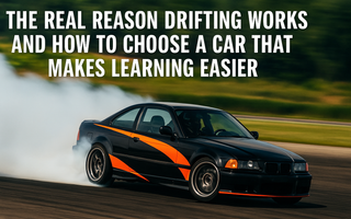 Black and orange drift car sliding sideways on track with smoke, overlaid with the title ‘The Real Reason Drifting Works And How To Choose A Car That Makes Learning Easier.