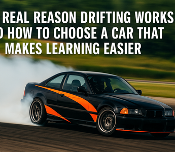 Black and orange drift car sliding sideways on track with smoke, overlaid with the title ‘The Real Reason Drifting Works And How To Choose A Car That Makes Learning Easier.