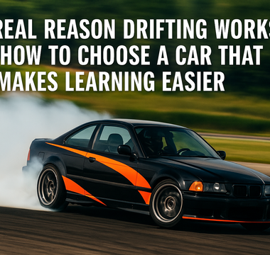 Black and orange drift car sliding sideways on track with smoke, overlaid with the title ‘The Real Reason Drifting Works And How To Choose A Car That Makes Learning Easier.