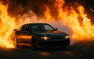 A professional car drifting through a fire lit track in Florida competition