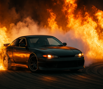 A professional car drifting through a fire lit track in Florida competition