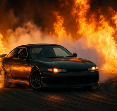 A professional car drifting through a fire lit track in Florida competition