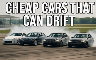 A lineup of budget drift cars like the 350Z, E36, and IS300 sliding at a drift event