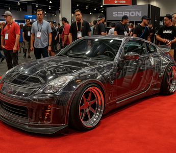 Transparent Nissan 350Z slammed on coilovers displayed on red carpet at SEMA with people gathered around.