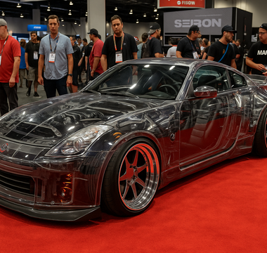 Transparent Nissan 350Z slammed on coilovers displayed on red carpet at SEMA with people gathered around.
