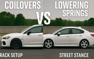 Side-by-side comparison of coilovers and lowering springs on a sports car suspension system