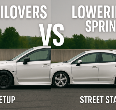 Side-by-side comparison of coilovers and lowering springs on a sports car suspension system