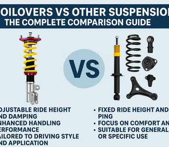 Infographic comparing coilovers, air suspension, lowering springs, and stock suspension — features, adjustability, ride quality, and ideal use cases