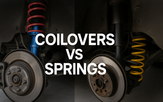 Side-by-side view of a coilover suspension and lowering spring installed on performance cars.