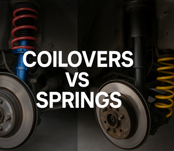Side-by-side view of a coilover suspension and lowering spring installed on performance cars.