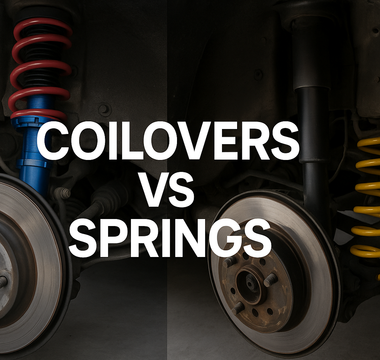 Side-by-side view of a coilover suspension and lowering spring installed on performance cars.