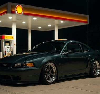 Slammed SN95 New Edge Mustang parked under Shell gas station lights at night, showcasing its low stance and SN95 coilovers.