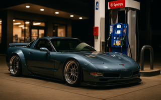 Slammed widebody C5 Corvette Z06 parked at a gas station pump at night, featuring lowered stance, deep-dish wheels, and aggressive body kit under bright station lighting