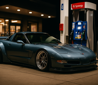 Slammed widebody C5 Corvette Z06 parked at a gas station pump at night, featuring lowered stance, deep-dish wheels, and aggressive body kit under bright station lighting