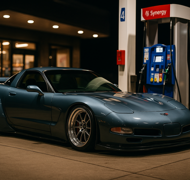 Slammed widebody C5 Corvette Z06 parked at a gas station pump at night, featuring lowered stance, deep-dish wheels, and aggressive body kit under bright station lighting