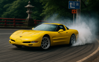 A drift Corvette C5 sliding on Japanese mountain road