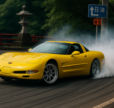 A drift Corvette C5 sliding on Japanese mountain road