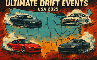 A map showing drift event around the USA in 2025. A lineup of drift cars with smoke clouds during a sunny Florida drift event