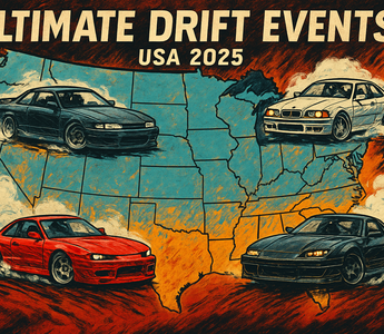A map showing drift event around the USA in 2025. A lineup of drift cars with smoke clouds during a sunny Florida drift event