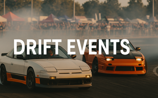 Two 240sx drift cars drifting at a drift event in USA with title DRIFT EVENTS on the image
