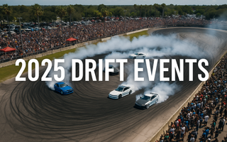A drone view of a large drift event in Florida, 5 drift cars seen sliding with thousands of people in the crowd