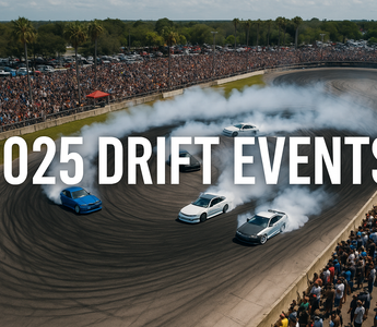 A drone view of a large drift event in Florida, 5 drift cars seen sliding with thousands of people in the crowd