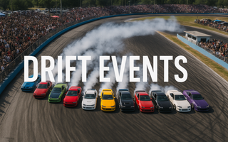 A line of 10 cars from a drone shot, on a florida race track drifting with crowds all around. Title over the image says DRIFT EVENTS