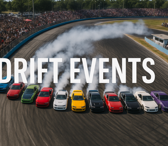 A line of 10 cars from a drone shot, on a florida race track drifting with crowds all around. Title over the image says DRIFT EVENTS