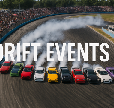 A line of 10 cars from a drone shot, on a florida race track drifting with crowds all around. Title over the image says DRIFT EVENTS