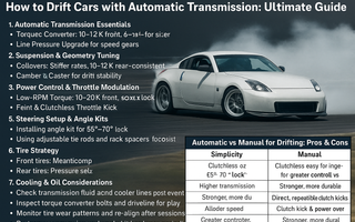 A drift car with wide front angle and smoke, displaying performance steering and suspension, on track. Overlayed with charts and bullet points of major tuning tips.