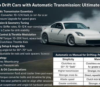 A drift car with wide front angle and smoke, displaying performance steering and suspension, on track. Overlayed with charts and bullet points of major tuning tips.