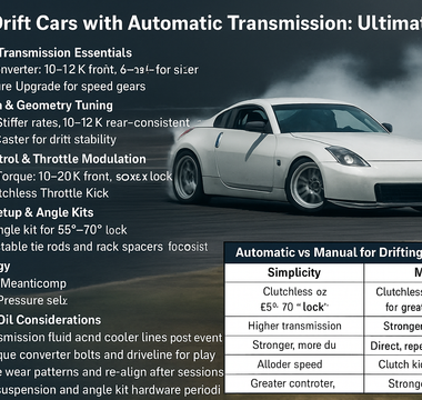 A drift car with wide front angle and smoke, displaying performance steering and suspension, on track. Overlayed with charts and bullet points of major tuning tips.