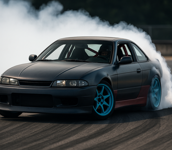 A professional drift car sliding sideways at full lock with smoke pouring from the rear tires during a drift event