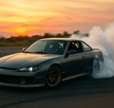 Drift car sliding sideways through a corner with smoke pouring from rear tires, illustrating the true meaning of drifting in motorsport.