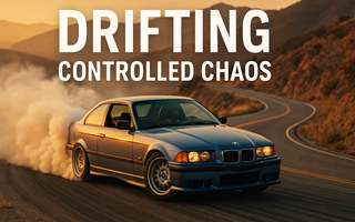 A drift car sliding sideways on a mountain road with tire smoke, showing oversteer control and driver precision