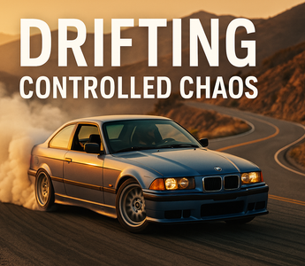 A drift car sliding sideways on a mountain road with tire smoke, showing oversteer control and driver precision