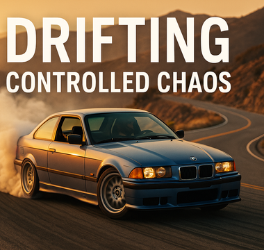 A drift car sliding sideways on a mountain road with tire smoke, showing oversteer control and driver precision
