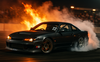 Showing drifting meaning a car drifting on a track controlled sideways